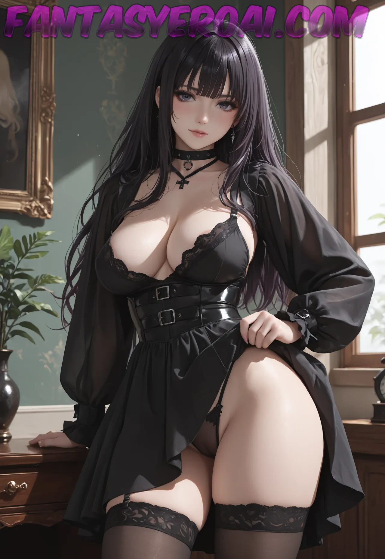 Arte hentai ilustración increíble de Lauren Summer Desnuda En Tanga Negra generado por IA