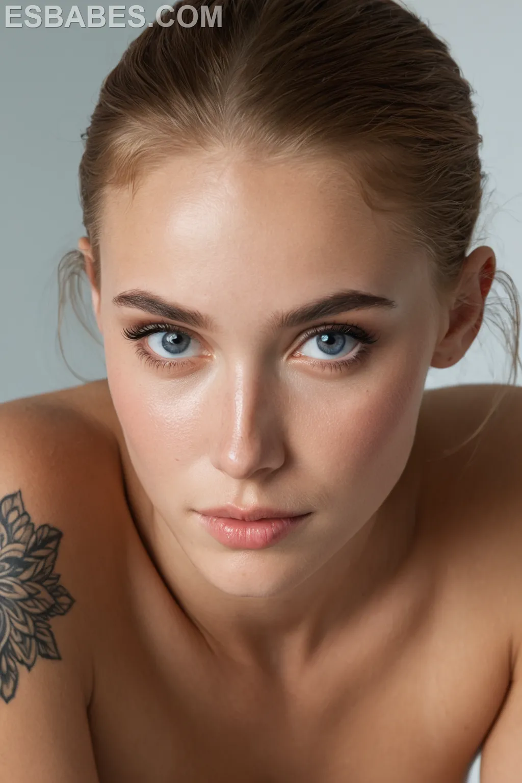 Melissa Debling Strips Blue Lingerie - Imagen hiperrealista generada con IA, detalle fotográfico