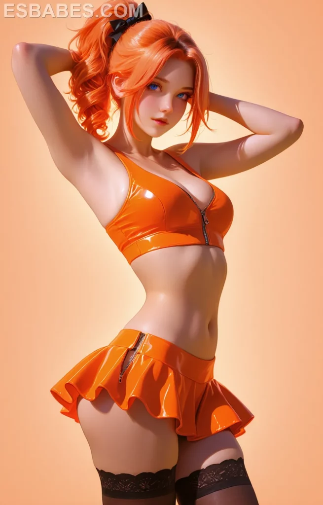 Brittany Fuchs top naranja y minifalda creadas con la IA erotica mas avanzada para que cada uno de nuestros lectores elige el modelo que mas le gusta ya sea real o anime