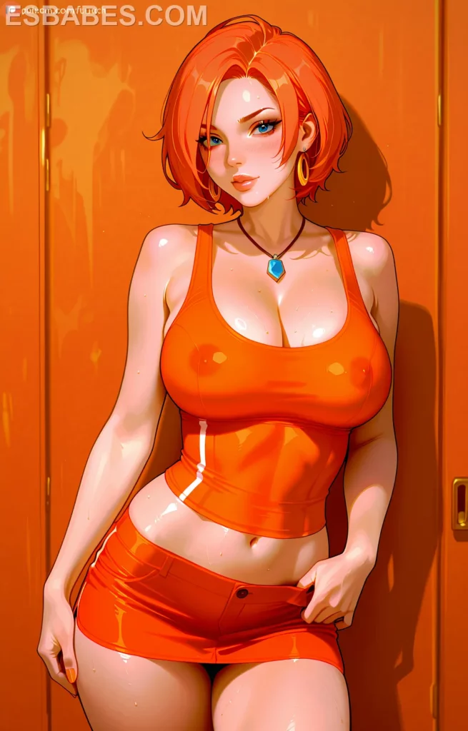 Brittany Fuchs top naranja y minifalda creadas con la IA erotica mas avanzada para que cada uno de nuestros lectores elige el modelo que mas le gusta ya sea real o anime