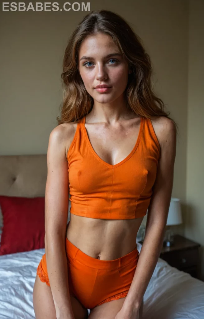 Brittany Fuchs top naranja y minifalda creadas con la IA erotica mas avanzada para que cada uno de nuestros lectores elige el modelo que mas le gusta ya sea real o anime
