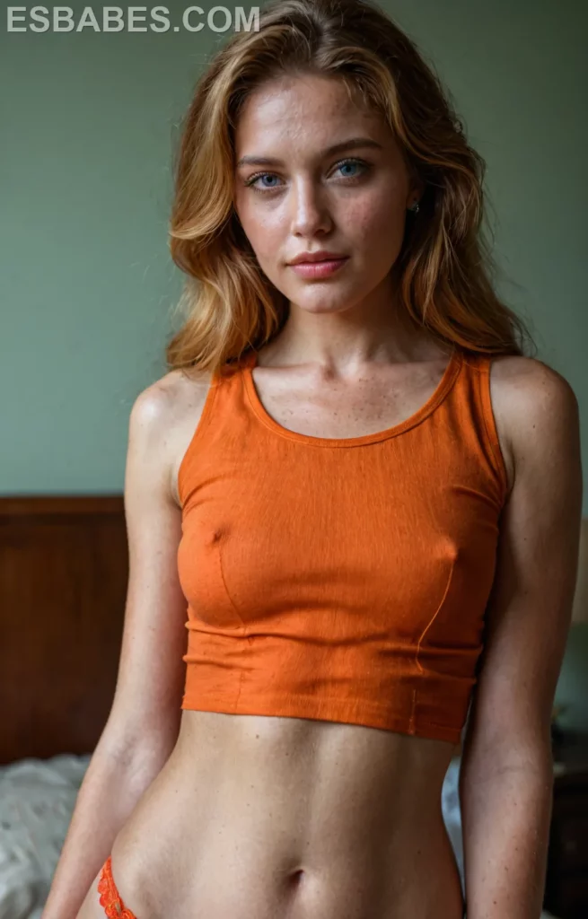 Brittany Fuchs top naranja y minifalda creadas con la IA erotica mas avanzada para que cada uno de nuestros lectores elige el modelo que mas le gusta ya sea real o anime
