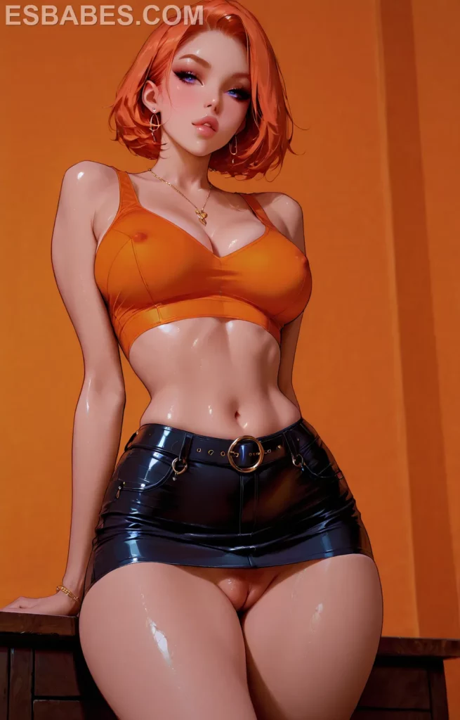 Brittany Fuchs top naranja y minifalda creadas con la IA erotica mas avanzada para que cada uno de nuestros lectores elige el modelo que mas le gusta ya sea real o anime