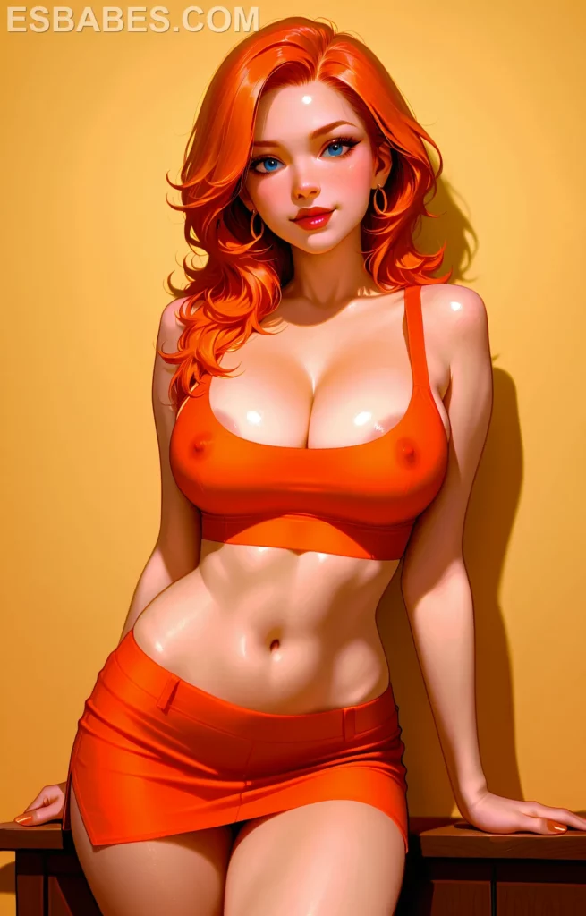 Brittany Fuchs top naranja y minifalda creadas con la IA erotica mas avanzada para que cada uno de nuestros lectores elige el modelo que mas le gusta ya sea real o anime
